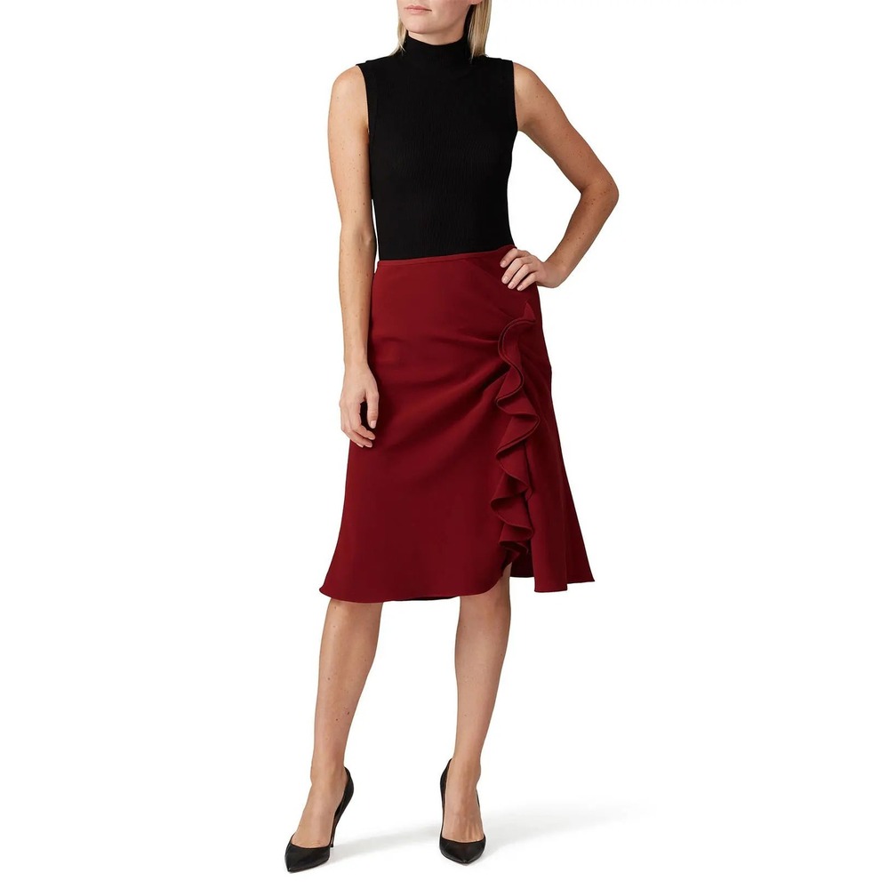 Prabal Gurung Collective Burgundy Red Ruffle Front Midi A-Line Skirt‎ Size 10